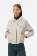 Veste courte en similicuir écru pour femme, doublée avec poches, HZL23W-BD110331