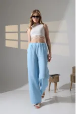 Kadın Mavi Beli Lastikli Müslin Kumaş Bol Paça Pantolon HZL25S-DSB12221