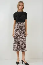 Kadın Vizon Leopar Desenli Saten Yüzeyli Beli Lastikli Midi Boy Etek Hzl23S-BD1101471