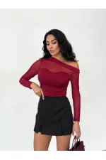 Kadın Bordo Tül Garnili Uzun Kol Şık Rahat Bluz HZL25W-FRY123541