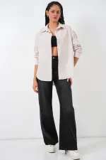 20205 Çizgili Oversize Gömlek - Krem