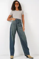 6689 Kadın Yüksek Bel Baggy Kot Pantolon - İndigo