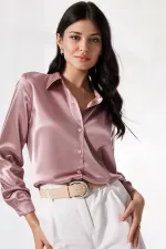 Kadın Gül Kurusu Hafif Dökümlü Saten Yüzeyli Gömlek HZL22W-BD139641