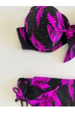 Kadın Siyah Mor Taş İşlemeli Büyük Beden Bikini Takım HZL25S-LC3337