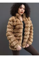 Kadın Camel Şık Peluş Suni Kürk Ceket HZL23W-DSB110061