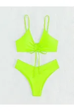 Kadın Neon Yeşil İp Detaylı Astarlı V Kesim Üçgen Bikini Takım HZL24S-LC2234