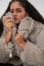 Women's Belted Oversize Fur Coat 9156 - Stone