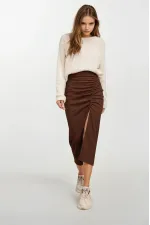 Kadın Kahverengi Beli Lastikli Yırtmaçlı Uzun Etek HZL22S-BD118801