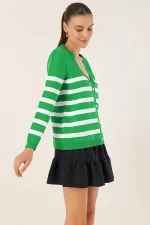 Cardigan en tricot à rayures vertes pour femme, coupe décontractée, col en V, HZL24W-BD1102151