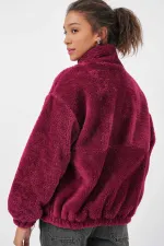 Veste zippée bordeaux imprimée en fausse peau de mouton pour femme, doublée de peluche HZL25W-BD151941