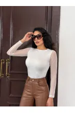 Kadın Beyaz Uzun Tül Kol Sandy Bluz HZL25W-FRY122521