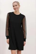 Kadın Siyah Bisiklet Yaka Tül Kollu Mini Elbise HZL24S-BD124671