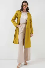 Trench-coat doublé à double boutonnage et ceinture pour femme, couleur moutarde, HZL25W-BD159181