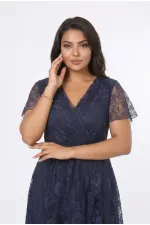 Kadın Lacivert Büyük Beden V Yaka Astarlı Dantel Detaylı Şık Abiye Elbise HZL26S-PR11071