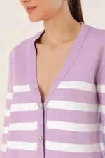 Cardigan en tricot à rayures lilas pour femme, coupe décontractée, col en V, HZL24W-BD1102151