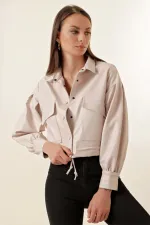 Veste courte en similicuir crème pour femme, avec poches et manches ballon, HZL23W-BD110311