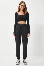Kadın Siyah Cepli Kordon Kemerli Jogger Eşofman Pantolon HZL25W-BD166741