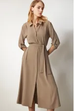 Kadın Krem Gizli Cepli Kuşaklı Viskon Gömlek Elbise HZL24S-BD124421