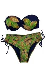 Kadın Lacivert Yaprak Desenli Taş İşlemeli Astarlı Bikini Takım HZL25S-LC3305