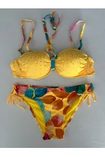 Ensemble bikini doublé brodé de pierres jaunes pour femme HZL25S-LC207