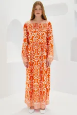Robe longue en viscose à motifs orange et blanc cassé pour femme, 1947
