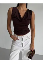 Kadın Kahverengi Degaje Yaka Yanlardan Drapeli Sandy Bluz HZL25S-FRY123131