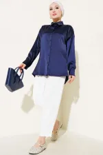 Kadın Lacivert Saten Yüzeyli Tesettür Gömlek HZL25W-BD139641