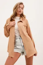 20153 Tek Cepli Oversize Keten Gömlek - Bisküvi