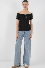 Kurdele Detaylı Örme Bluz 949 - Siyah