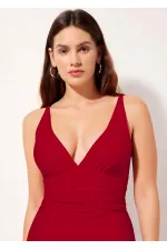 Maillot de bain rouge à bretelles fixes et bonnets amovibles pour femme, jupe-short froncée, HZL24S-AR1906