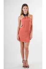 Kadın Kiremit Halter Yaka Saten Kumaş Sırt Dekolteli Mini Elbise HZL24S-YY262