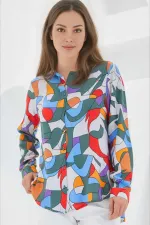 Kadın Haki Gri Mavi Kırmızı Geometrik Desenli Uzun Kolllu Oversize Viskon Gömlek HZL24S-BD1202251
