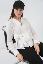 Chemise rayée à nouer sur le devant pour femme 20362 - Écru