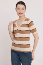 Chemisier rayé crème biscuit à manches courtes pour femme 15869