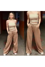 Kadın Camel Cepli Beli Lastikli Kemer Detaylı Şeritli Bol Paça Model Eşofman Altı HZL24S-ZK13001
