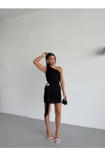 Robe courte noire asymétrique à boucle pour femme, en tissu drapé couleur sable, HZL26S-FRY123881