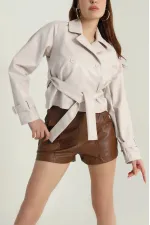 Kadın Krem Kemerli Astarlı Suni Deri Ceket HZL25W-BD110461