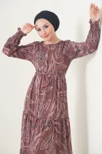 2145 Desenli Tesettür Elbise - Kahverengi