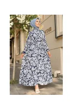 Kadın Lacivert Desenli Hakim Yaka Yazlık Uzun Elbise HZL25W-BD122971