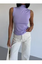 Women's Lilac Turtleneck Sleeveless Sandy Crop Blouse HZL26S-FRY123931 Women's Lilac Turtleneck Sleeveless Sandy Crop Blouse HZL26S-FRY123931