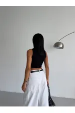 Kadın Siyah Fitilli Kaşkorse Crop Bluz HZL25S-FRY123171