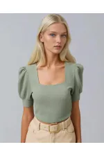 Kadın Çağla Yeşili Kare Yaka Örme Bluz HZL22W-BD104091