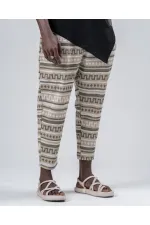 Men's Biscuit Khaki Patterned Tied Waist Straight Cut Trousers Sweatpants HZL24S-MXC8948-202