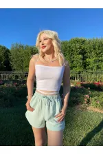 Women's Aqua Green Elastic Waist Slit Detailed Pocket Linen Shorts HZL24S-ZK11071