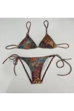 Ensemble bikini triangle dos nu à motif ethnique marron pour femme HZL25S-LC5005