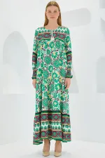 Kadın Yeşil Kırmızı Desenli Uzun Viskon Elbise 1947
