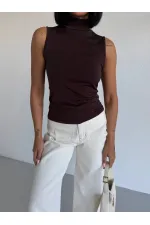 Women's Brown Turtleneck Sleeveless Sandy Crop Blouse HZL26S-FRY123931 Women's Brown Turtleneck Sleeveless Sandy Crop Blouse HZL26S-FRY123931