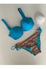 Kadın Mavi Taş İşlemeli Desenli 3 Parça Bikini Takım HZL25S-LC3326