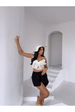 Kadın Siyah Bağlama Detay Müslin Şort HZL25S-DSB2323