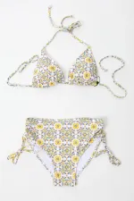 Kadın Beyaz Sarı Mavi Desenli Astarlı İp Bağlamalı Yüksek Bel Üçgen Bikini Takım HZL24S-LC3308